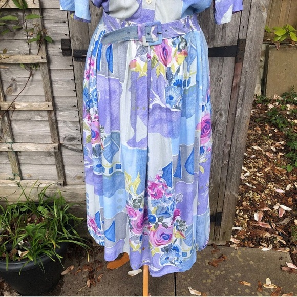 Vintage Midi Blouson Dress Light Blue Wacky 80's Plus Size 14/16 Secretary Belt - Picture 4 of 8